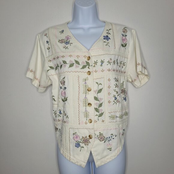 Vintage 80s cream grandmacore pastel embroidery button front tie back top medium - Picture 1 of 7